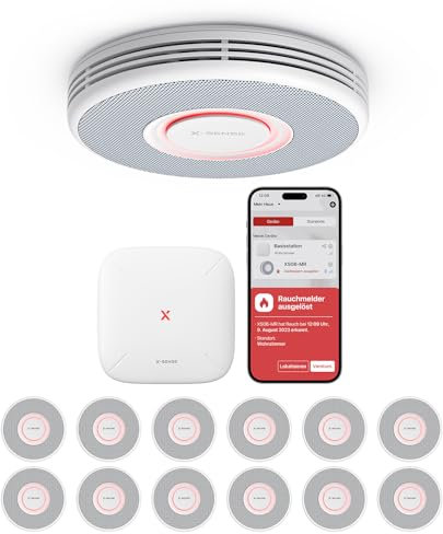 X-Sense Smarter Rauchmelder WLAN mit Sprachausgabe und 17 Standorten, Feuermelder, Rauchmelder vernetzt, 33 mm, Brandmelder mit SBS50 Basisstation, XS0BMR121, 12 Stück