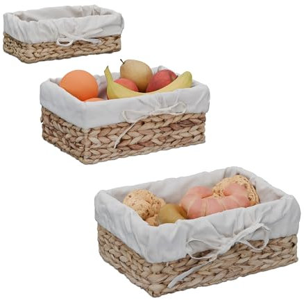 Relaxdays 3 Cestini Portapane, Misure Diverse, Cesto in Giacinto Intrecciato, Porta Pane, Frutta, Cipolle, Marrone Crema, Ferro, 12 x 30,5 x 23 cm