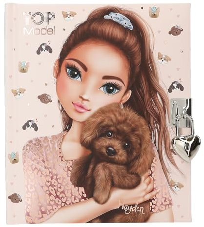 Depesche 13570 TOPModel Kitty and Doggy-Agenda con Cerradura y Llave de corazón, Libro en Color Rosa, con Motivo de Modelo, Dibujo de Perro y 192 páginas rayadas, Multicolor, 1 Piece