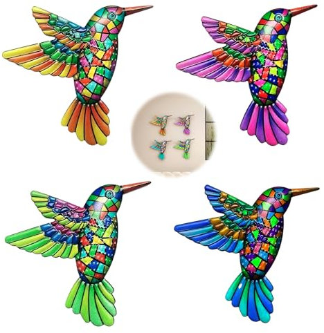 kiki fancy 4 Pack Metal Hummingbird Wall Decor - Outdoor Garden Fence Decorations Wall Ornaments for Fence, Yard Patio