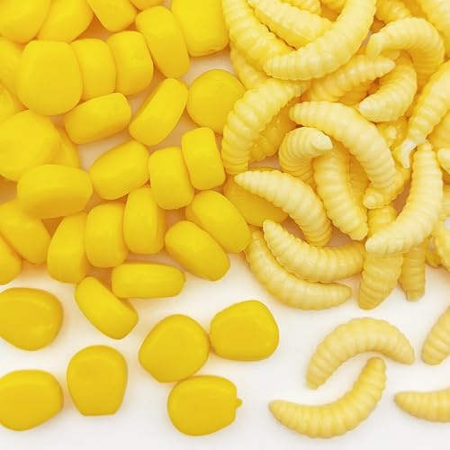 50 Pcs Fake Corn Carp Fishing Bait + 50 Pcs Soft Maggot Bait Bread Worm, Fake Corn & Worm Lures for Trout, Crappie, Pan Fish, Bluegill, Fishing Lure Set