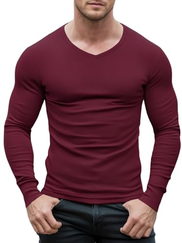 Agilelin Magliette Aderente da Uomo,T-Shirt Maniche Lunghe Scollo a V,Biancheria Intima Termica（Red/S