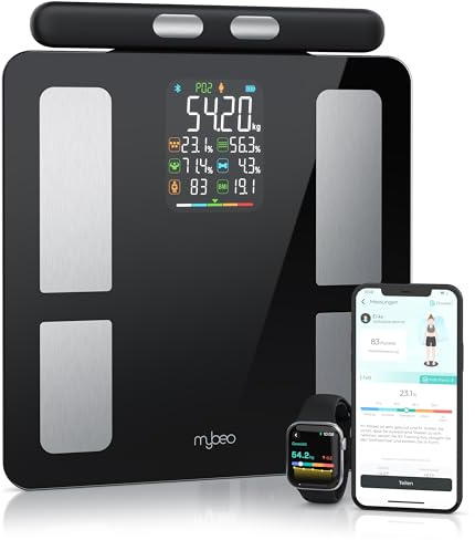 Mybeo - Körperfettwaage mit Handsensoren - mit App - Digitale Bluetooth Körperwaage - Personenwaage Multifunktionswaage - Digitale Anzeige – Handgriff für präzise Ergebnisse - mit Körperfettanalyse