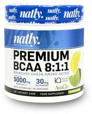 Natly BCAA 8 1 1 Aminoácidos Ramificados 240g | Sabor Lima Limon | Suplemento Anticatabólico con Vitamina B6 para Recuperación, Masa Muscular y Rendimiento Deportivo