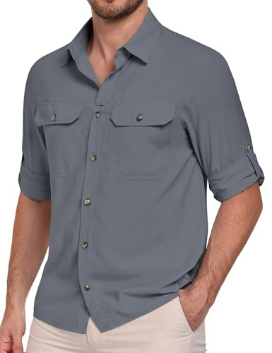 Xnova Men's Long Sleeve Hiking Shirts Relaxed Fit Sun UV Protection Safari Shirt Button-Down Breathable Quick Dry Multifunctional Outdoor Shirts with Pockets (Blue 02, L)