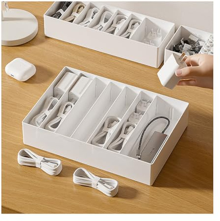 2 Pieza Caja Organizadora Cables, Organizador de Cables con Compartimentos Ajustables, Lugar de Almacenamiento Blanco y Ordenado para Cables de Carga, Cables USB y Adaptadores