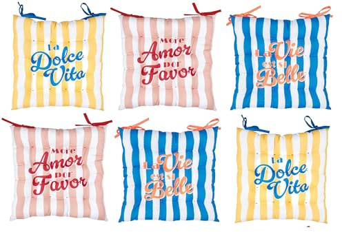 Deconation Lot De 6 Galettes De Chaises Déperlantes Extérieur/intérieur Motifs Estivaux 40x40cm - 2 Attaches Nouettes - Dolce Vita