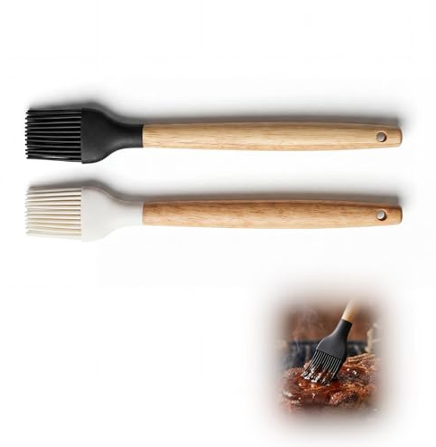 Juego de pinceles de cocina de silicona con mango de madera, resistente al calor, para barbacoa y repostería, para marinada, cepillo de cocina, antiadherente, adecuado como pincel de silicona, color
