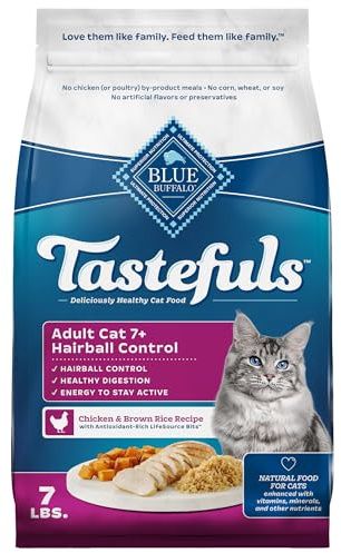 Blue Buffalo Tastefuls Natural Dry Food for Adult Cats 7+, Hairball Control, Chicken & Brown Rice Recipe, 7-lb. Bag