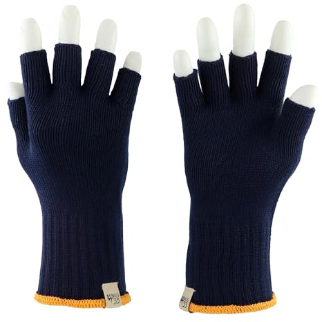 Merino Wool Fingerless Gloves - Hunting and Fishing Liner - Half Finger Warm Knitted Gloves - Navy - Medium