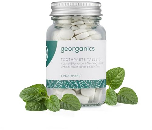 Georganics Mineral Toothtablets - Spearmint Natural Toothpaste Tablets - Cleansing & Plaque-Reducing - SLS, Glycerine & Fluoride Free - Certified Cosmos Natural, Vegan & Cruelty Free - 120 Tablets