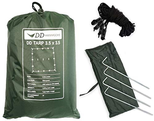 DD Hammocks - DD Tarp 3,5 x 3,5 - Olivgrün - Leichte Abdeckplane komplett wasserdicht für Outdoor-Hängematte, Camping und Bushcraft