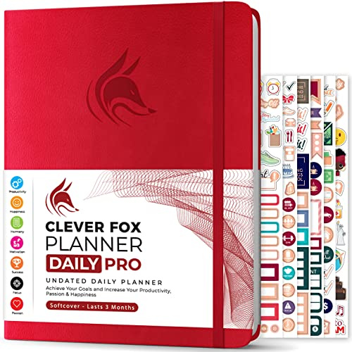 Clever Fox Planner Daily PRO - Daily Life Planner and Gratitude Journal to Increase Productivity, Time Management and Hit Your Goals, Undated, A4 Size - 21.5x28cm, Lasts 3 Months (Red)