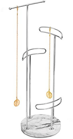 Sasha Morel 4 Tier Jewellery Stand | Hanging Tree Jewellery Organiser | Necklace Stand with Marble tray | Ring Holder Organiser Storage for Bracelet, Earring, Watch - (Silver)
