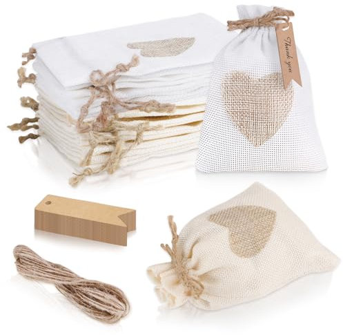 HMIEPRS 40 Pcs Burlap Bags with 40 Gift Tags and Drawstring, Linen Heart Hessian Bag, Jute Cloth Jewellery Candy Favour Pouches for Wedding Christmas Birthday Party DIY Craft (White Beige, 14x10cm)