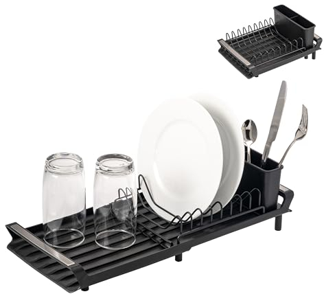 eluno Geschirr-Abtropfgestell für 8 Teller & Besteck, ausziehbar 28-46,5 cm, Abtropfständer mit Besteckhalter/Utensilienhalter, angeschrägt, schwarz