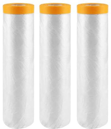 FWEEK Lot de 3 rouleaux de film de masquage, 400 cm (déplié) x 20 m, film autocollant doré, pour travaux de peinture et protection contre la poussière