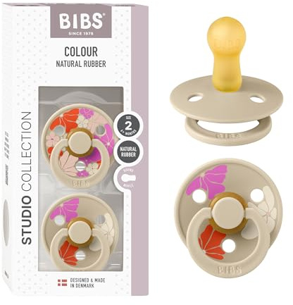 BIBS Colour Studio Soother 2-Pack, BPA Free Dummy Pacifier, Round Nipple. Natural Rubber Latex, Made in Denmark, Size 2 (6-18 Months), Morning Bloom Vanilla