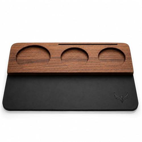 KNODOS Alfombrilla de apisonamiento de 54 mm para accesorios de máquina de espresso Breville, organizador de estación de prensado de nogal y cuero con diseño de múltiples ranuras para herramientas de