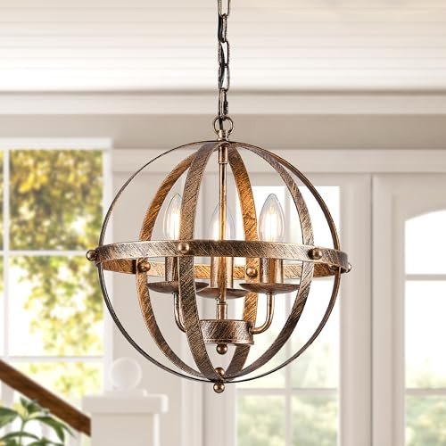 Ganeed Pendant Light Industrial Globe Farmhouse Lighting Vintage Chandelier Spherical Hanging Ceiling Fixture for Kitchen Island Dining Table E14 Bronze 3 Light