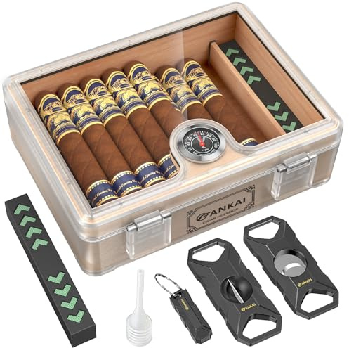 FANKAI Humidor Cigarrlåda, med rak skärare, guillotin, V-snitt, stansare och hållarverktyg, glas topp cigarrfodral, cederträfoder, luftfuktare hygrometertillbehör, cigarr presentset