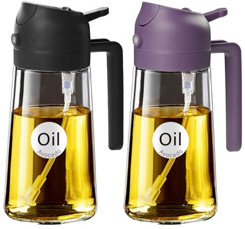 YARRAMATE 2Pcs 2-in-1 Olive Oil Sprayer Glass Bottle Dispenser, 16oz/470ml Capacity, Premium Nozzle for Cooking, Pour and Spray, Kitchen, Air Fryer, BBQ (Black Purple)