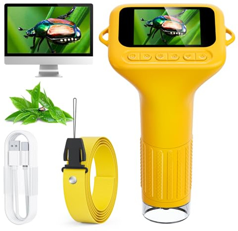 SKYBASIC Digital Microscope for Kids, 2 Screen 1000X Handheld Microscope HD Pocket Portable Microscopes Camera, Science Edu Fun Birthday Gifts Toys for Ages 4-12 Children Students Boys Girls -Yellow