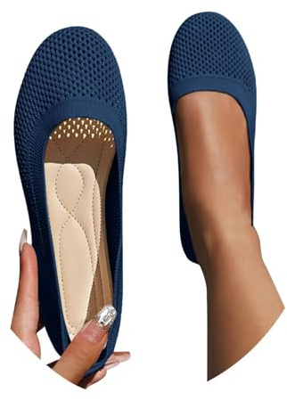 Ladies' Wide Fit Knit Ballet Flats Stretch-Knit Slip-On Work Shoes Office Comfort Pumps with Round Toe Breathable Solid Colour Dress Flats UK Navy