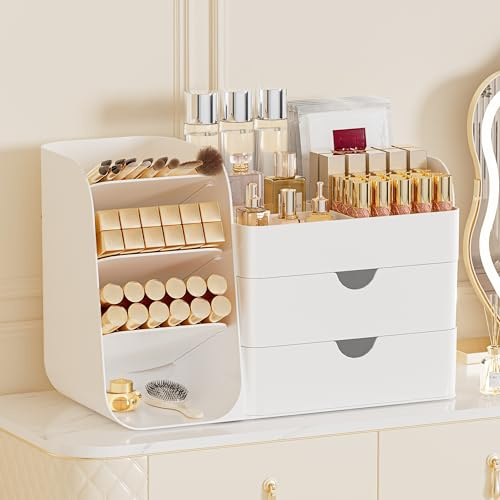 FYABREEK Makeup Organizer with 2 M Drawers & Brush Holders - Cosmetic Storage Case for Vanity, Bathroom Countertop & Desk - Skincare & Office Supplies Organizer (All White, M)
