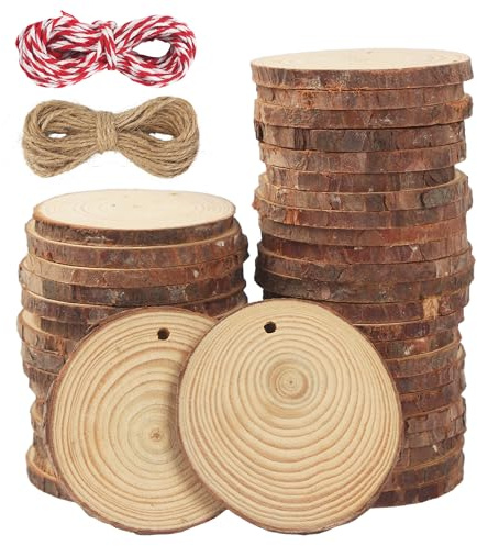 Rodajas De Madera Círculos 7-8cm,40 Piezas Troncos Madera Decoracion con 2 cuerdas de algodón,Fuerte y duradero,perforación Discos de Madera Natural sin Termina，para bricolaje,bodas,Decoración festiva