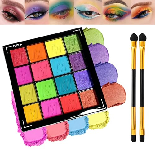 16 Colour Glitter Matte Shimmer Eyeshadow Palette with Brush – Waterproof Highly Pigmented Long Lasting Colourful Eye Shadow, Rainbow Neutral Dark Mini Sparkly Lilac Palette (Neon Style)