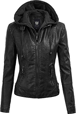 Lock and Love LL WJC1044 Women’s Faux Leather Moto Biker Jacket with Removable Hood – Zip Up Short Coat with Pockets, Fall Fashion Outerwear XL Black