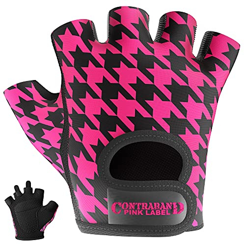 Contraband Pink Label 5257 Women's Design Series Houndstooth Print Lifting and Rowing Gloves (Pair) - Lightweight Vegan Medium Padded Microfiber Amara Leather w/Griplock Silicone (Black/Pink, Medium)