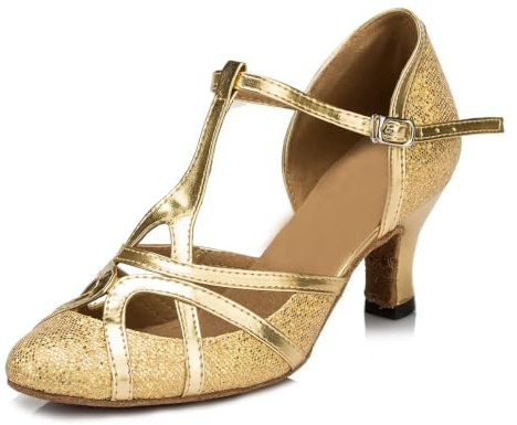 MINITOO Latinamerikansk salsa T-rem stängd tå syntetisk balsal dansskor kväll bröllopspumpar, Qj6133 Guld 6 cm klack, 38 EU