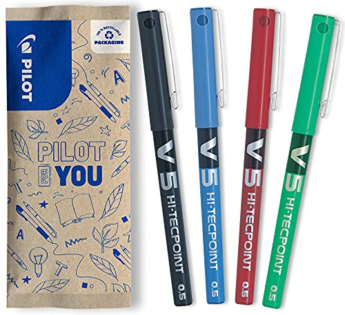 Pilot - Set of 4 V5 Liquid Ink Rollerball 0.5mm - Black, Blue, Red, Green - Fine Tip