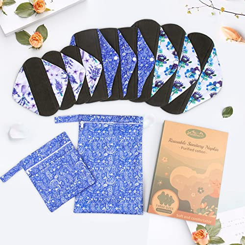 Viedouce Asciugamano igienico lavabile, set di 9 asciugamani igienici riutilizzabili, asciugamano igienico in tessuto, protezione antiscivolo lavabile con 2 sacchetti di immagazzinaggio