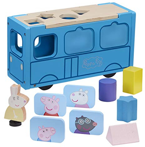 07222 PEPPA Pig Wooden School Bus Shape Sorter, FSC Wood, Wooden Toys, Preschool Gift Age 2, 3, 4