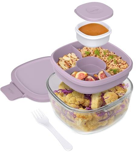 Bentgo Glass Salad Container - 7.6-Cup Salad Bowl with Airtight Lid, Leak-Proof Sauce Container, 4-Compartment Bento Tray & Reusable Fork - BPA-Free for Meal Prep, Office & More (Lavender)
