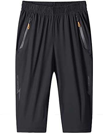 MakingDa Pantalones cortos 3/4 para hombre, estilo capri, pantalones deportivos casuales, holgados, con cremallera, para gimnasio, correr, entrenamiento, cintura elástica por debajo de la rodilla, con