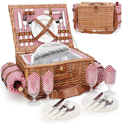 Cesta de picnic para 4, cestas de picnic de sauce aisladas con correa para el hombro, cesta de picnic con manta de picnic impermeable, cesta de mimbre hecha a mano para exteriores, gran regalo para