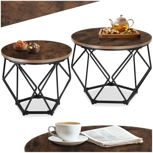 tectake Couchtisch 2er Set, Beistelltisch in Diamantform, Industrie-Design, für Wohnzimmer Schlafzimmer Büro, Tischplatte aus Holz, schwarzes Metallgestell (Industrial Dunkelbraun)