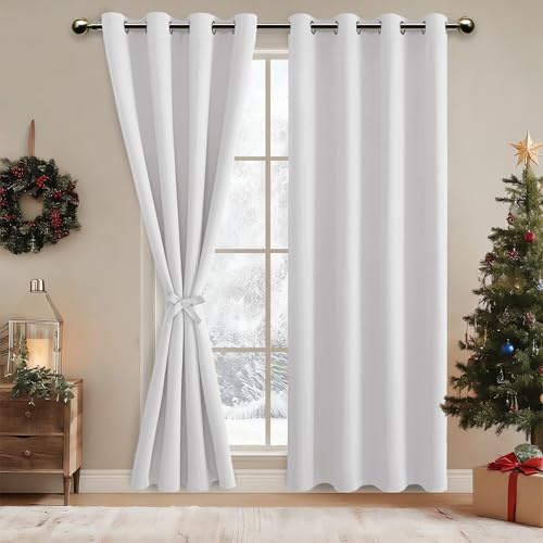 DWCN Mörkläggningsgardiner termisk gardin mot kyla med öljetter 2 stycken termisk gardin, köldskydd för sovrum, grå vit, 245 x 140 cm (H x B):