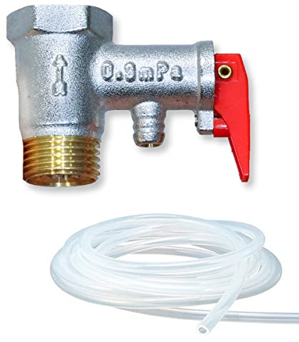GOLDMAN SERVICE Válvula de Seguridad para Termo Eléctrico. Llave de Alivio de Presión (0,9 mPa) 1/2 Pulgada Macho - Hembra + Tubo de Drenaje de 1 metro
