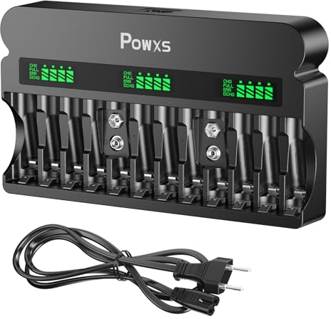 POWXS Cargador de batería para pilas AA AAA de 9 V con 1800 mA de carga rápida, carga separada de 12 bahías para baterías de 1,2 V NI-MH NI-CD AA AAA 9 V y iones de litio de 9 V (incluye cable CA)