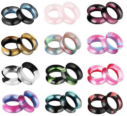 Heuvipens 24pc Mixed Color Ear Plugs Soft Flexible Silicone Double Flared Flesh Tunnels 8mm