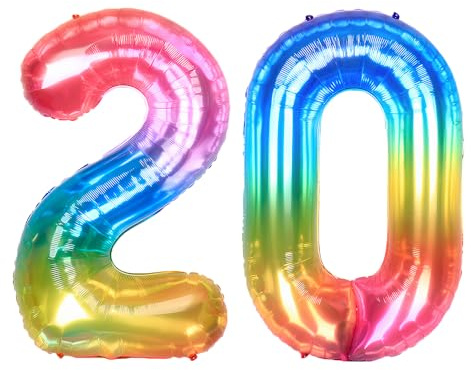 Ponmoo 40 inches Foil Balloons Numbers 20 Neon Rainbow (101cm), Inflatable Helium or Air, Giant Balloon Number 0-9, 10-29, 30-100, Grand Balloons for Anniversary Wedding Birthday Party Decoration