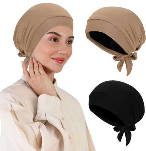 XEPST 2 PIEzas de Hijab para Mujer, Musulmán Islámico, Gorro Forrado de Satén, Turbante con Lazo Trasero, Gorro para Dormir de Quimioterapia