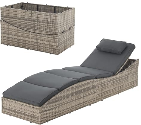 Juskys Chaise Longue Lamia Pliante de Jardin en Polyrotin - Support et Appuie-tête Réglable, Charge Maximale 160 kg - Pour Extérieur, Jardin et Balcon, Gris