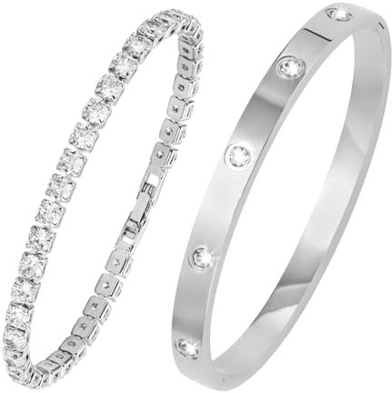 MILAKOO Tennisarmband Armreif Set für Frauen Damen Zirkonia Armreif Titanstahl Armband Set 17CM Freundschaft Armbänder Silver