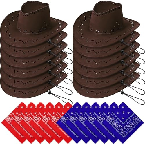 MSYU Cappello da cowboy occidentale con bandana, 12 pezzi, cappelli da cowboy, bandane, confezione da 12 pezzi, per feste di Halloween, feste in costume da cowboy, festa di compleanno (marrone)